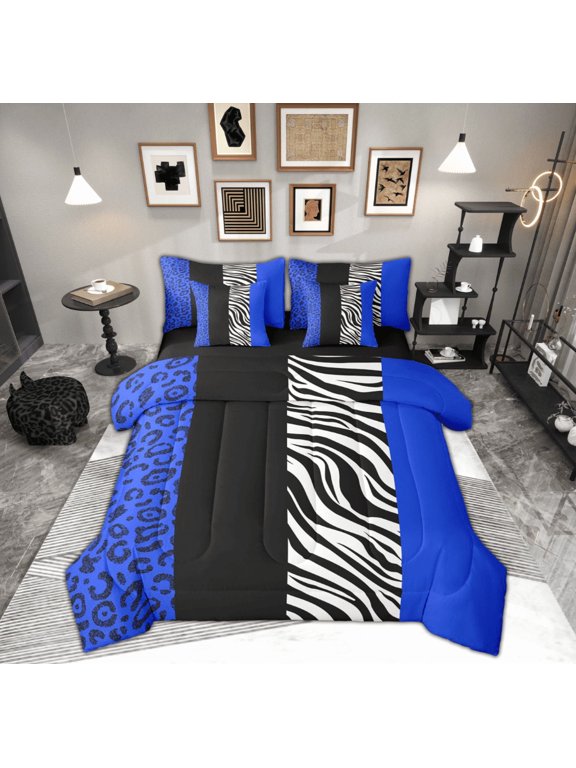 Fashion Geometric Striped Bedding Comforter Set 7pcs, Leopard Cheetah Print Queen Bedding Sets, Modern Abstract Style Reversible Queen Sheet Sets, Lightweight Room Decor