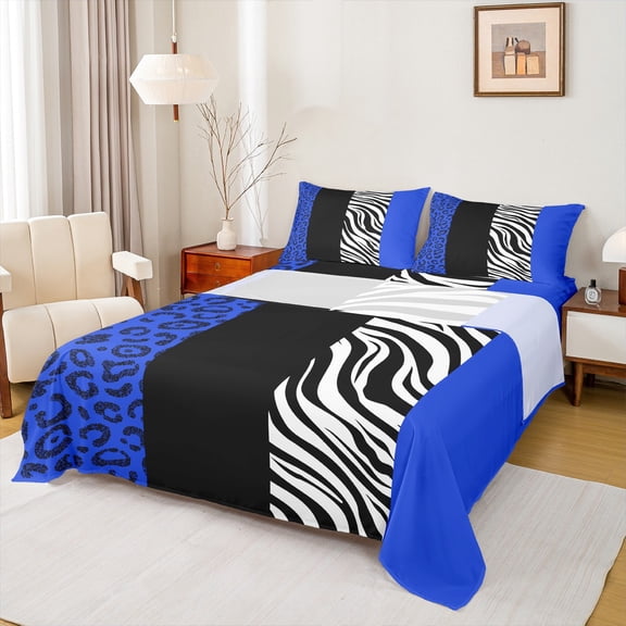 Manfei Fashion Geometric Striped Full Size Sheets, Leopard Cheetah Print Bed Sheets, Modern Abstract Style Sheet Sets, Lightweight Room Decor, 4-Piece