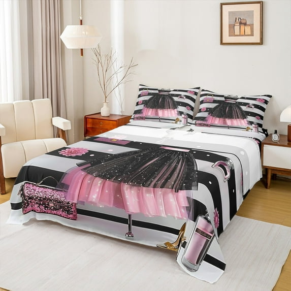 Manfei Fashion Girls Dress Bed Sheets,Perfume Bags High Heels King Sheets,Black White Stripes Lines Sheet Set For Kids,Breathable Home Decor,4-Piece