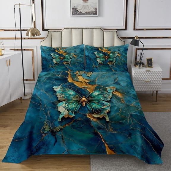 Manfei Fashion Green Butterfly Coverlet Set Queen for Women, Fashion Marbling Abstract Quilt Sets for Queen Size Bed, Wildlife Animal Bedding Set, Ultra Soft Bedroom Decor, 3pcs