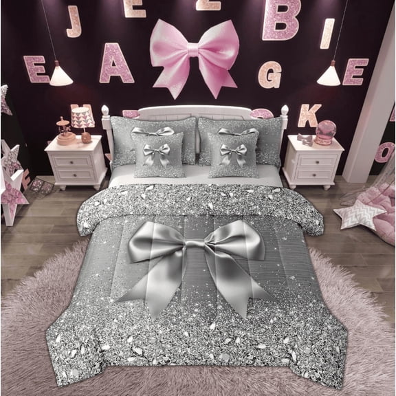 Feelyou Fashion Grey Bow Twin Bedding Sets 7-Piece, Chic Sequin Print Bedding Comforter Set, Princess Style Sheet Sets, Super Cozy Bedroom Decorative