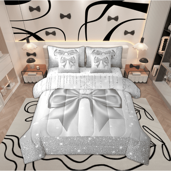 Manfei Fashion Grey Bow-tie Bedding Comforter Set 7 Pieces, Bling Stars Print Full Bedding Set, Teen Kid Girl Female Reversible Fitted Sheet Flat Sheet, Lightweight Room Decor