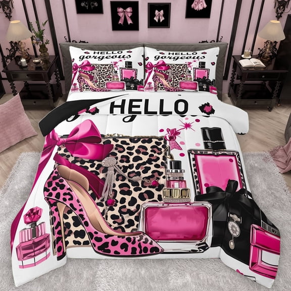 Manfei Fashion High Heel Bedding Comforter Set for Girl, Women Perfume Twin Comforter Sets, Pink Princess Bowknot Reversible Bedding Set, Lightweight Room Decor, 2-Piece