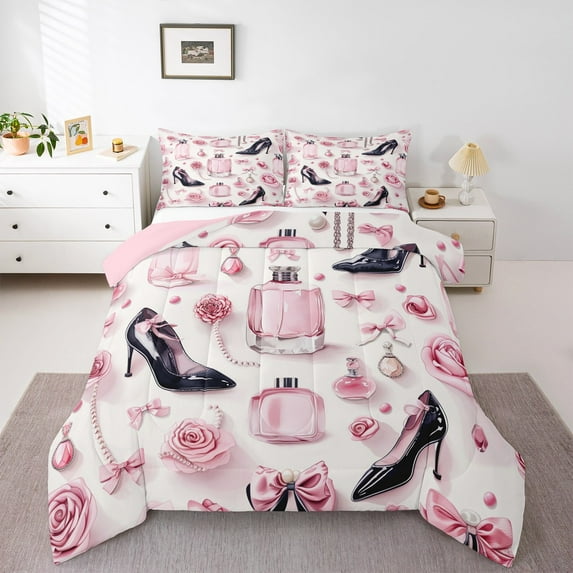 Manfei Fashion High Heels King Size Comforter Sets,Pink Diamond Perfume Bedding Comforter Set,Romantic Flower Floral Bedding Set For Adults,Super Cozy Room Decor Reversible,3pcs