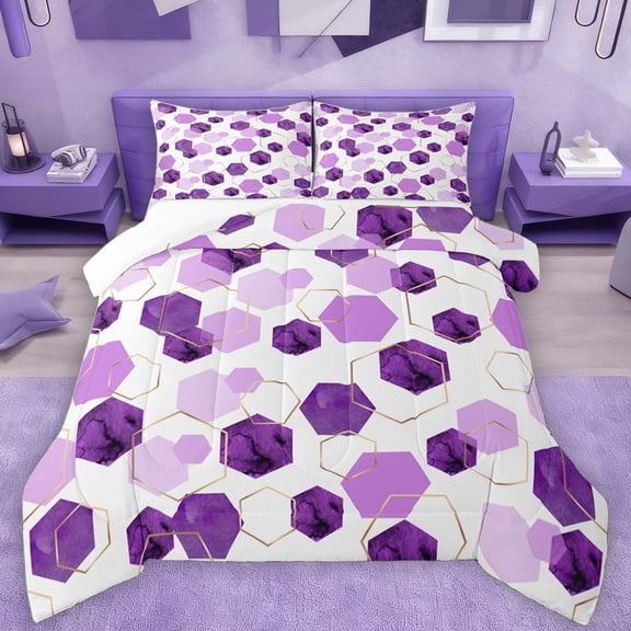 Manfei Fashion Honeycomb Bedding Comforter Set, Purple Watercolor Square Twin Comforter Sets, Teens Kids Boys Girls Bedding Set, Super Cozy Room Decor, 2pcs
