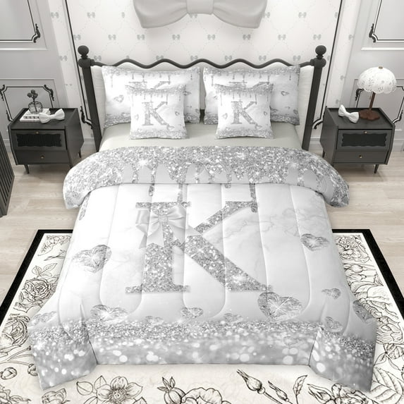 Manfei Fashion Initial K Letter Twin Bedding Sets 7-Piece, Glitter Diamond Love Heart Bedding Comforter Set, Princess Grey Bowknot Reversible Sheet Sets, Super Cozy Room Decor