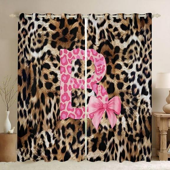 Homewish Fashion Leopard Print B Black Out Curtains for Women, Princess Ribbon Bowknot Curtains Pack of 2 (42x63 Each), Brown Pink Cartoon Bedroom Curtains, Living Room Curtains Decor