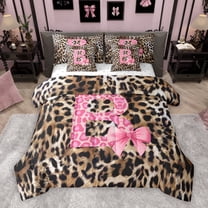 Homewish Fashion Leopard Print B Twin Bedding Sets 7-Piece for Women, Princess Ribbon Bowknot Bedding Comforter Set, Brown Pink Cartoon Reversible Sheet Sets, Ultra Soft Bedroom Decor