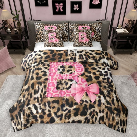 Homewish Fashion Leopard Print B Twin Bedding Sets 7-Piece for Women, Princess Ribbon Bowknot Bedding Comforter Set, Brown Pink Cartoon Reversible Sheet Sets, Ultra Soft Bedroom Decor