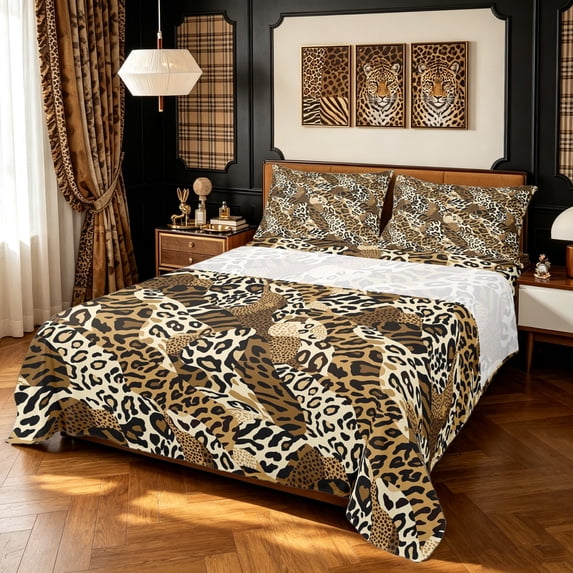Manfei Fashion Leopard Print Bed Sheets, Rustic Abstract Full Size Sheets, Brown, 4pcs, 1 Flat Sheet, 1 Fitted Sheet and 2 Pillowcases