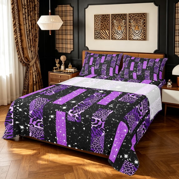 Manfei Fashion Leopard Print Bed Sheets, Tribal Animal Print Full Size Sheets, Black Purple, 4 Pieces, 1 Flat Sheet, 1 Fitted Sheet and 2 Pillowcases