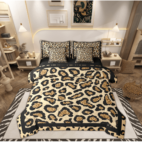 Manfei Fashion Leopard Print Bedding Comforter Set 7 Pieces, Cheetah Animal Full Bedding Set, Teen Kid Adult Female Reversible Fitted Sheet Flat Sheet, Microfiber Bedroom Decor