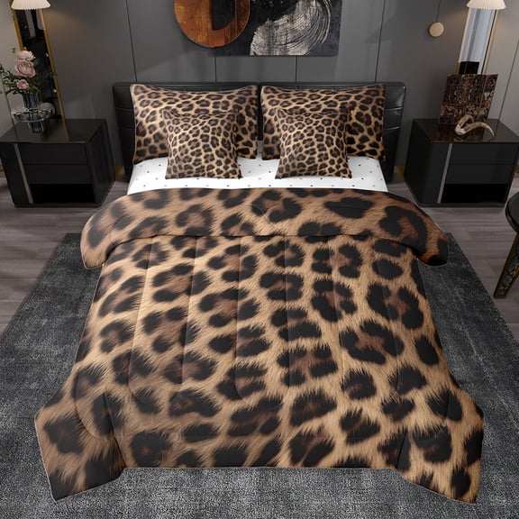 Homewish Fashion Leopard Print Bedding Comforter Set 7pcs for Men, Cheetah Animal King Bedding Sets, Chic Brown Polkadots Reversible Bed Sheets, Super Cozy Room Decor