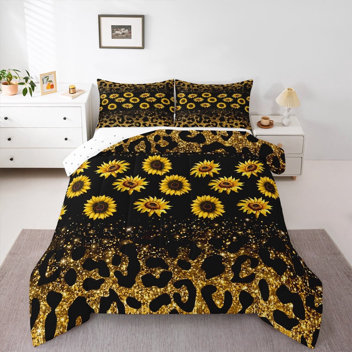 Manfei Fashion Leopard Print Bedding Sets Twin with Comforter, Sunflower Print Comforter Sets Twin Size, Glitter Reversible Down Comforter, Super Cozy Bedroom Decoration, 2pcs