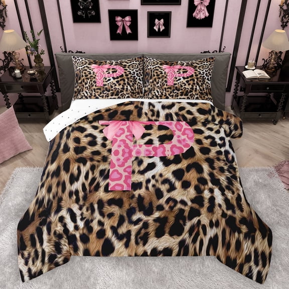 Homewish Fashion Leopard Print P Bedding Comforter Set for Women, Princess Ribbon Bowknot Twin Comforter Sets, Brown Pink Cartoon Reversible Bedding Set, Lightweight Room Decor, 2 Pieces