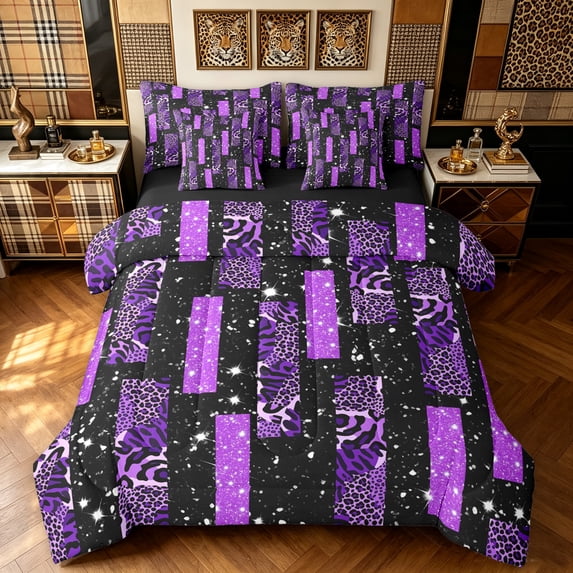 Manfei Fashion Leopard Print Twin Bedding, Tribal Animal Print Bedding Comforter Set, Black Purple, Black Reversible, 7 Pieces