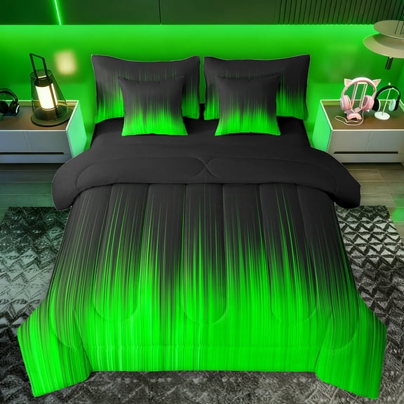 Manfei Fashion Lines Stripes Bedding Comforter Set 7pcs, Green Abstract Ombre Queen Bedding Sets, Teens Kids Adult Reversible Queen Sheet Sets, Lightweight Room Decor
