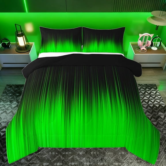 Manfei Fashion Lines Stripes Full Size Comforter Sets, Green Abstract Ombre Bedding Comforter Set, Teens Kids Adult Reversible Bedding Sets, Lightweight Room Decor, 3 Pieces