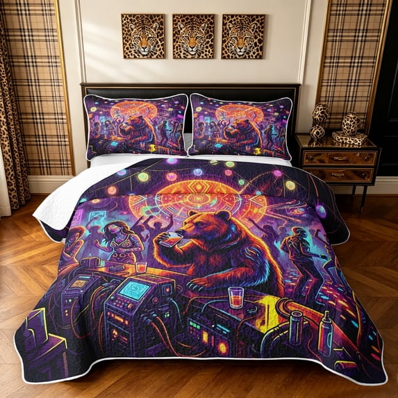 Manfei Fashion Music Bear Twin Quilt Set, Disco Party Twin Coverlet Set, Dark Purple Burgundy, Black Reversible, 2pcs, 1 Bedspread and 1 Pillowcase