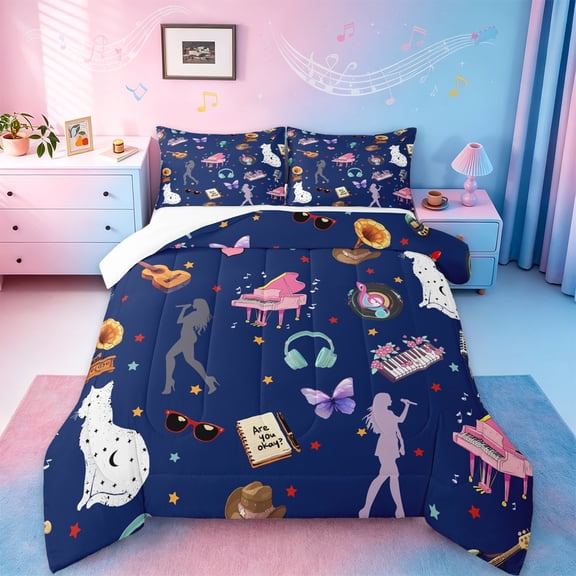 Manfei Fashion Music Gift Full Size Comforter Sets,Musical Guitar Pinao Bedding Comforter Set,Butterfly Stars Print Bedding Sets For Princess,Microfiber Bedroom Decor,3 Pieces