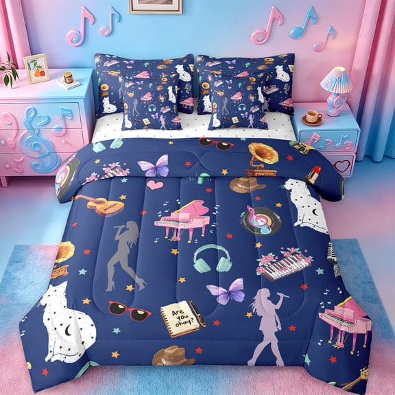 Manfei Fashion Music Gift Twin Bedding Sets 7-Piece,Musical Guitar Pinao Bedding Comforter Set,Butterfly Stars Print Sheet Sets For Princess,Microfiber Bedroom Decor