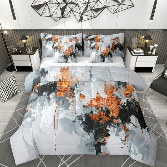 Manfei Fashion Orange Artwork 7-Piece Twin Bedding Sets for Adult, Watercolor Abstract Bedding Comforter Set, Vintage Oil Printing Reversible Sheet Sets, Microfiber Bedroom Decor