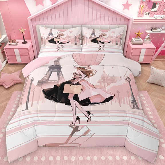 Manfei Fashion Paris Girl Queen Comforter Set for Teens, Modern Pink Fashion Bedding Sets, Romantic Eiffel Tower Reversible Bedding Comforter Set, Lightweight Room Decor, 3-Piece