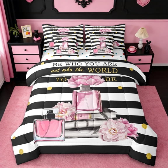 Manfei Fashion Perfume Bedding Comforter Set 7-Piece,Romantic Flower Floral King Bedding Sets,White Black Striped Bed Sheets For Girls Kids,Luxury Bedroom Decor,Reversible