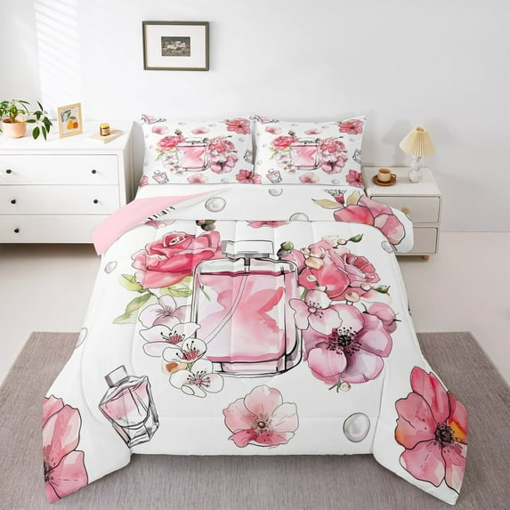 Manfei Fashion Perfume Bedding Comforter Set,Pink Flower Floral Twin Comforter Sets,Romantic Theme Bedding Set For Girl Teens,Breathable Home Decor Reversible,2 Pieces