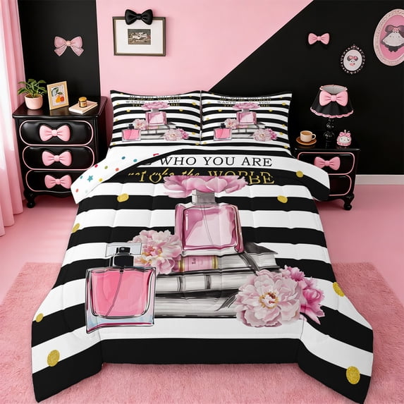Manfei Fashion Perfume Queen Comforter Set,Romantic Flower Floral Bedding Sets,White Black Striped Bedding Comforter Set For Girls Kids,Luxury Bedroom Decor Reversible,3 Pieces