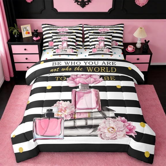 Manfei Fashion Perfume Twin Bedding Sets 7-Piece,Romantic Flower Floral Bedding Comforter Set,White Black Striped Sheet Sets For Girls Kids,Luxury Bedroom Decor,Reversible