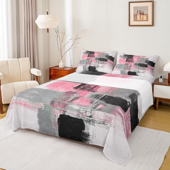 Manfei Fashion Pink Artwork Queen Sheet Sets for Adult, Square Abstract Flat Sheet, Vintage Oil Printing Queen Fitted Sheet, Microfiber Bedroom Decor, 4-Piece
