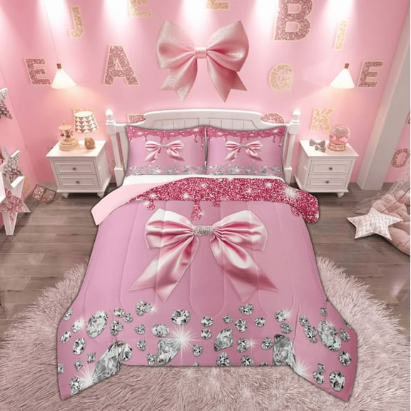 Feelyou Fashion Pink Bow Bedding Comforter Set, Sequin Print Twin Comforter Sets, Princess Style Bedding Set, Lightweight Bedroom Decorative, 2-Piece