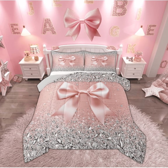Feelyou Fashion Pink Bow Bedding Comforter Set, Sequin Print Twin Comforter Sets, Princess Style Bedding Set, Microfiber Bedroom Decorative, 2-Piece