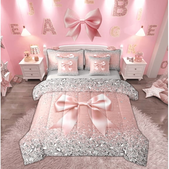 Feelyou Fashion Pink Bow Twin Bedding Sets 7-Piece, Sequin Print Bedding Comforter Set, Princess Style Sheet Sets, Microfiber Bedroom Decorative