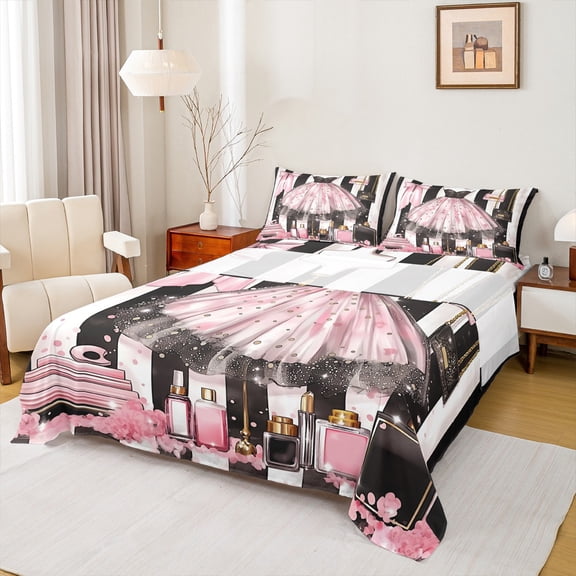 Manfei Fashion Pink Dress Bed Sheets, Valentines Day King Sheets, Teen Kid Child Female Girl Sheet Set, Lightweight Room Decor, 4-Piece