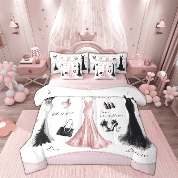 Manfei Fashion Pink Dress Bedding Comforter Set 7 Pieces, Valentines Day Full Bedding Set, Teen Kid Child Female Girl Reversible Fitted Sheet Flat Sheet, Super Cozy Room Decor