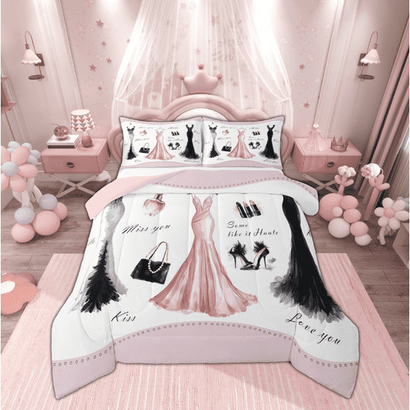 Manfei Fashion Pink Dress Full Size Comforter Sets, Valentines Day Bedding Comforter Set, Teen Kid Child Female Girl Reversible Bedding Sets, Super Cozy Room Decor, 3-Piece