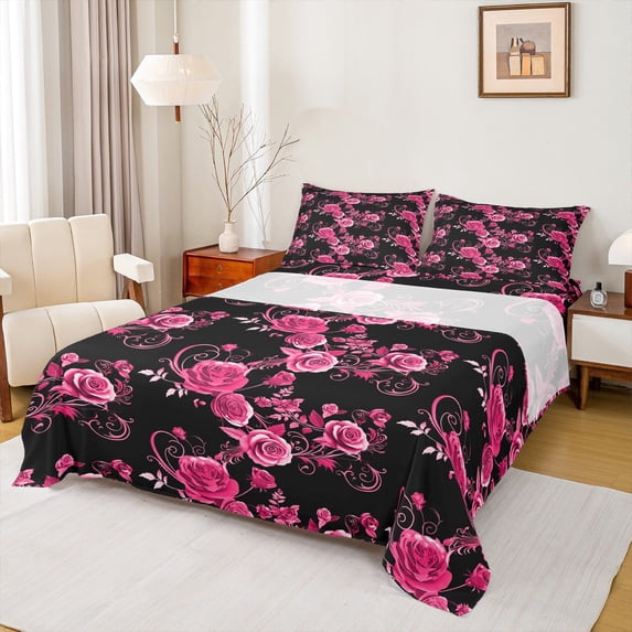 Manfei Fashion Pink Rose Queen Sheet Sets for Adult, Flower Floral Flat Sheet, Romantic Anniversary Queen Fitted Sheet, Lightweight Room Decor, 4 Pieces