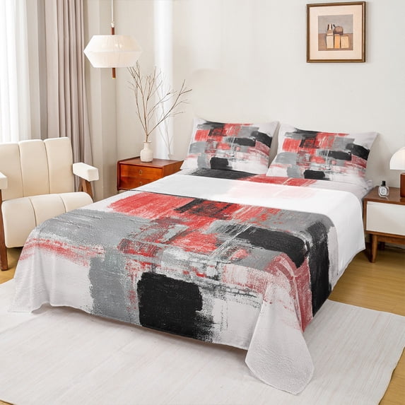 Manfei Fashion Red Artwork Queen Sheet Sets for Adult, Square Abstract Flat Sheet, Vintage Oil Printing Queen Fitted Sheet, Luxury Bedroom Decor, 4-Piece