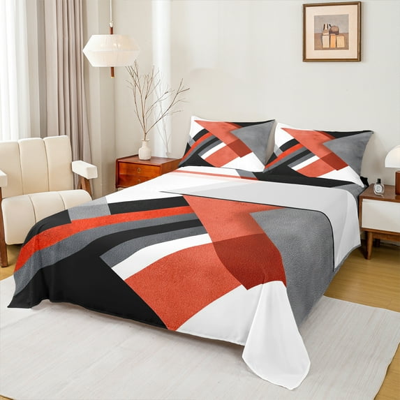 Manfei Fashion Red Rectangle Queen Sheet Sets, Chic Modern Abstract Ombre Queen Fitted Sheet, Super Cozy Room Decor, 4pcs