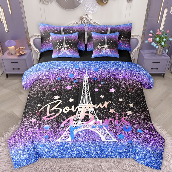 Manfei Fashion Sequin Print Bedding Comforter Set 7pcs for Women, Paris Eiffel Tower Queen Bedding Sets, Dreamy Blue Bling Stars Reversible Queen Sheet Sets, Lightweight Room Decor