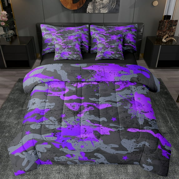 Manfei Fashion Splash Graffiti Bedding Comforter Set 7pcs for Kids, Purple Camouflage Queen Bedding Sets, Chic Abstract Ombre Reversible Queen Sheet Sets, Lightweight Room Decor