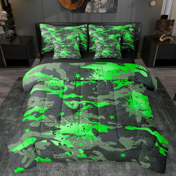Manfei Fashion Splash Graffiti Twin Bedding Sets 7-Piece for Kids, Green Camouflage Bedding Comforter Set, Chic Abstract Ombre Reversible Sheet Sets, Breathable Home Decor