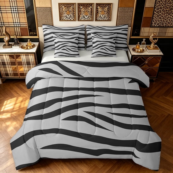 Manfei Fashion Tiger Print King Bedding, Modern Stripes Lines King Bed in a Bag, Gray Black, Gray Reversible, 7 Pieces