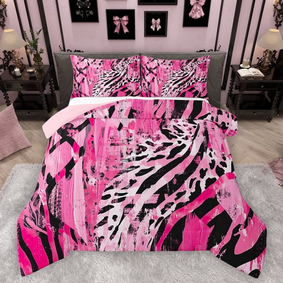 Homewish Fashion Zebra Print Full Size Comforter Sets, Pink Leopard Cheetah Bedding Comforter Set, Teens Kids Adult Female Reversible Bedding Sets, Luxury Bedroom Decor, 3-Piece