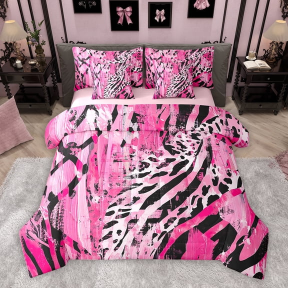 Homewish Fashion Zebra Print Twin Bedding Sets 7-Piece, Pink Leopard Cheetah Bedding Comforter Set, Teens Kids Adult Female Reversible Sheet Sets, Luxury Bedroom Decor