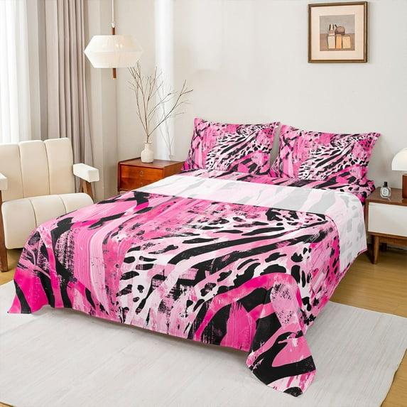 Homewish Fashion Zebra Print Twin Sheet Sets, Pink Leopard Cheetah Twin Fitted Sheet, Teens Kids Adult Female Flat Sheet, Luxury Bedroom Decor, 3-Piece
