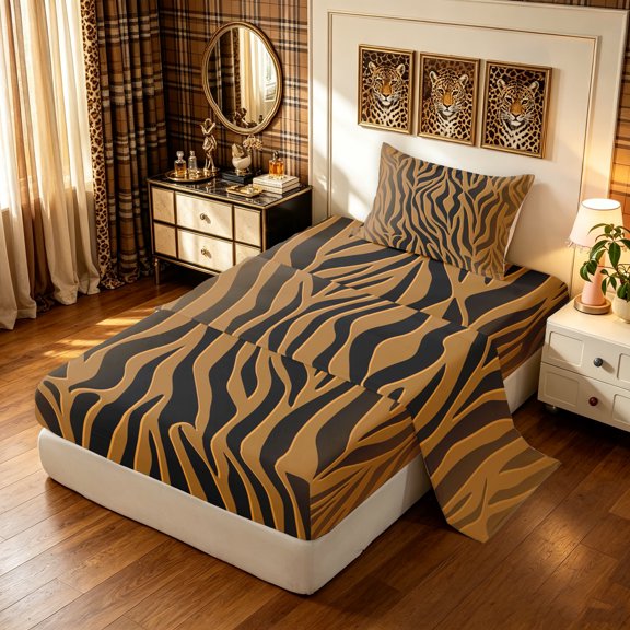 Manfei Fashion Zebra Print Twin Sheets, Rustic Animal Print Bedding, Brown Orange, 3-Piece, 1 Flat Sheet, 1 Fitted Sheet and 1 Pillowcase