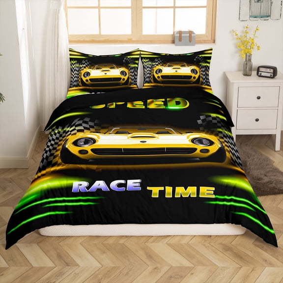 Manfei Fast Car 3pcs Duvet Cover King for Kids Teens Female Men,Yellow Green Ultra Soft Bedding King Size,Car Theme Microfiber Comforter Cover King,Microfiber Geometric Room Decorative(No Comforter)